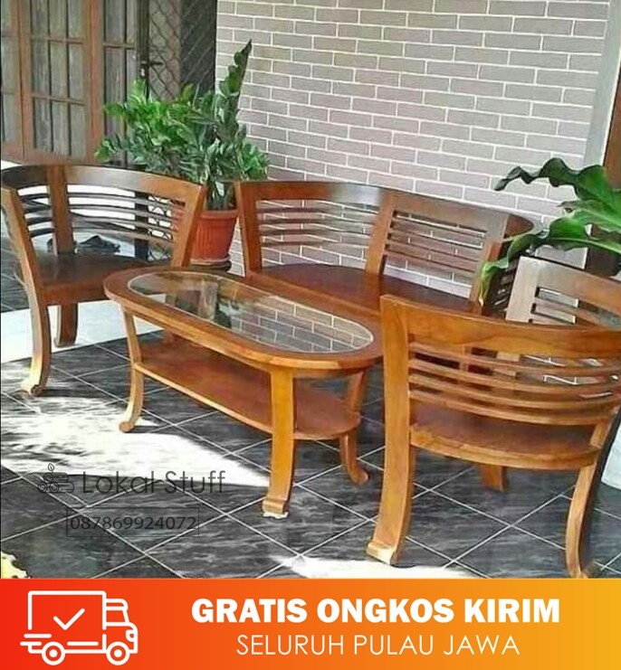 Kursi tamu teras cantik dengan kaca kayu jati jepara